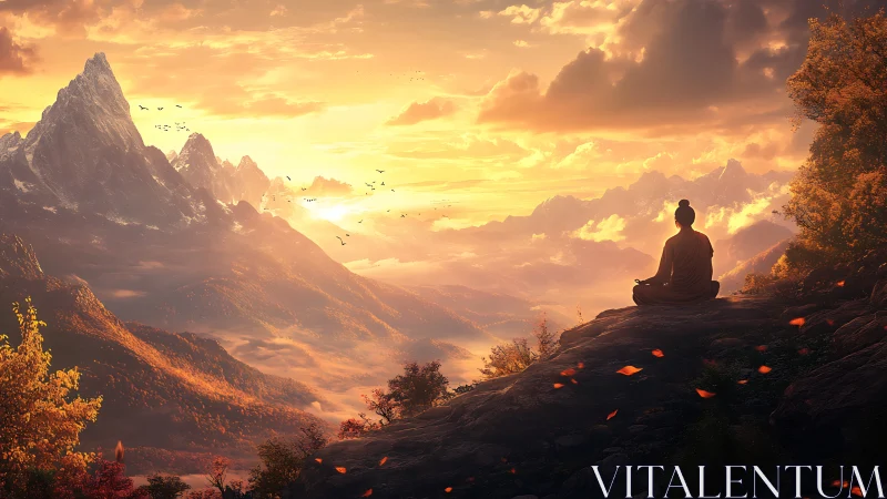 Sunlit alpine meditation overlooking volumetric mist valley.