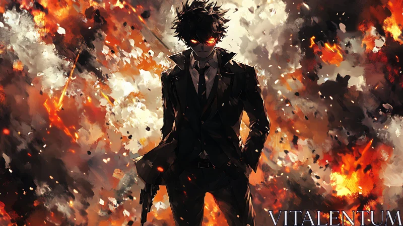 Suit-clad antihero with burning eyes amid chaotic explosions.