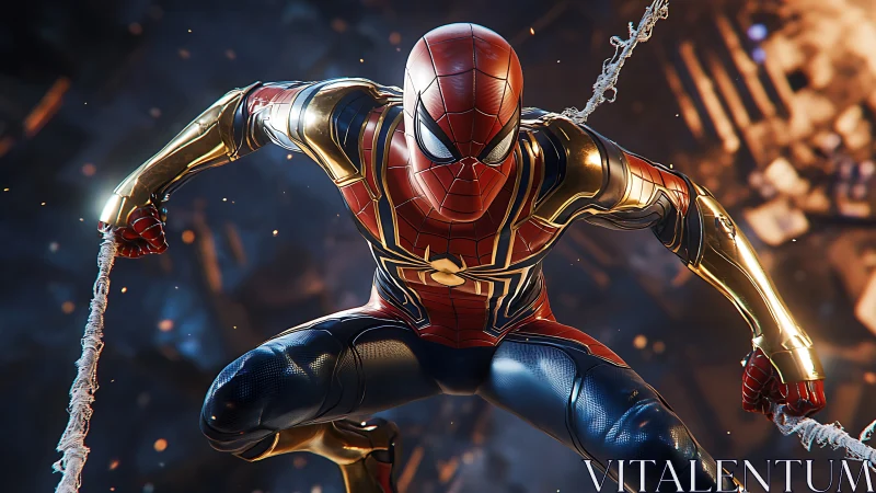 Armored web-slinger rockets through a neon-scorched skyline.