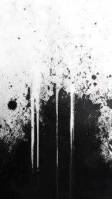 Monochrome ink splatters cascade over stark white field.