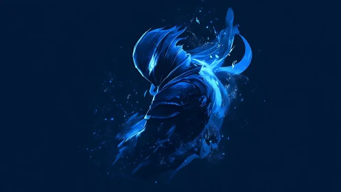 Spectral blue rogue silhouette in dynamic digital abstraction.