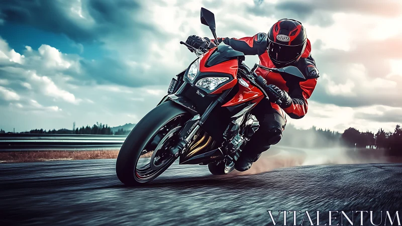 Red sport motorcycle leaning into a stormy track curve.