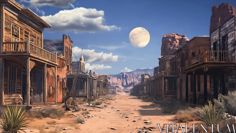 Deserted western town under full moon and desert cliffs.