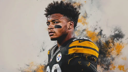 Gridiron portrait with dynamic yellow-black paint bursts.