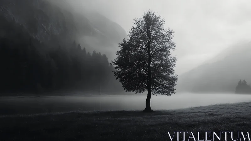 Solitary tree stands by mist-covered mountain lake