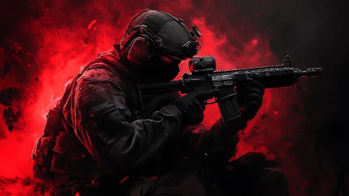 Tactical operator with carbine rifle in red combustion haze