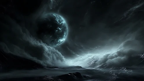 Astrodynamic tidal stormscape beneath fractured exoplanet.