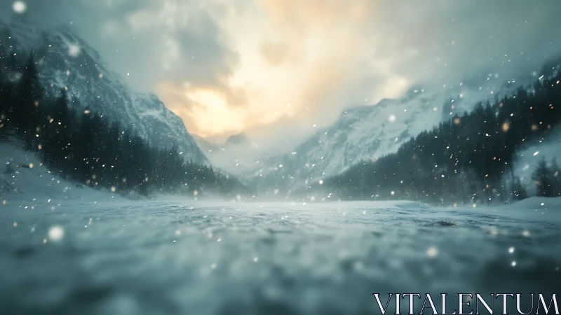 Low-angle snowstorm over alpine valley with diffused sunset glow