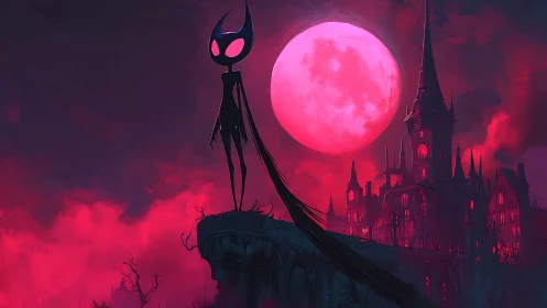 Silhouetted watcher above crimson moonlit gothic citadel.