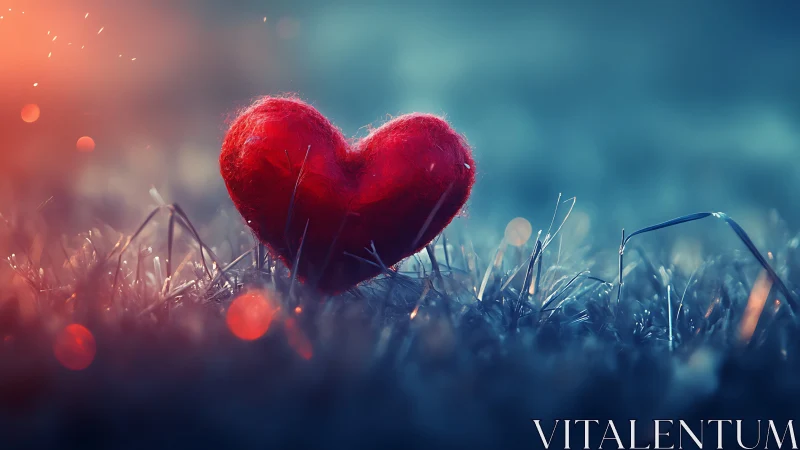 Red heart rests on frost-covered grass in cool light.