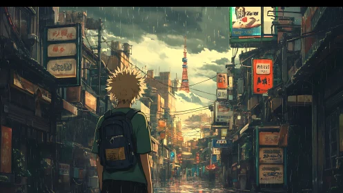 Solitary student observes rain-soaked Tokyo street perspective