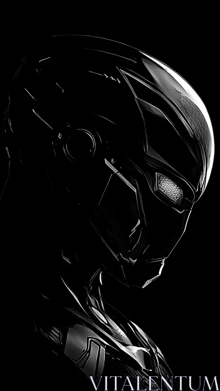 Futuristic armored helmet glows sharply against deep black
