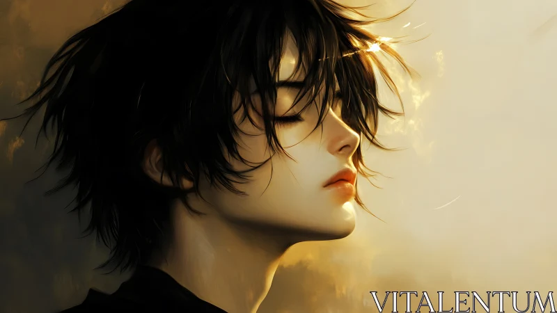 Softly glowing portrait of a serene, wind-kissed dreamer.