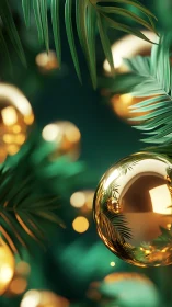 3D tropical ornament study with reflective gold spheres.