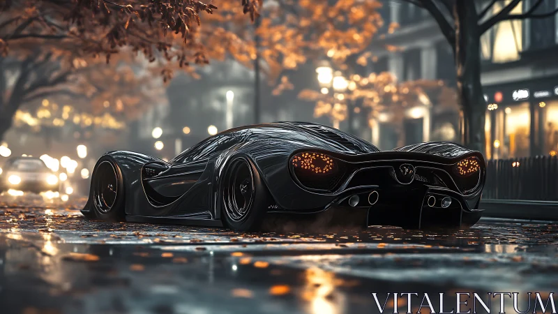 Futuristic black hypercar glides through rainy autumn streets.