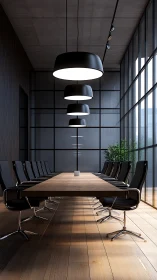 Minimalist Conference Room with Cascading Pendant Luminaires and Industrial Architecture