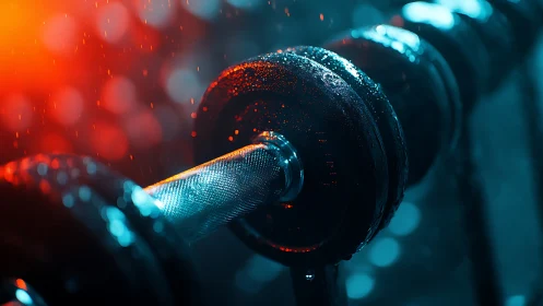 Chrome dumbbell glistens under dramatic blue and red gym light