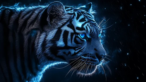 Electric blue tiger profile under neon cosmic rainscape.
