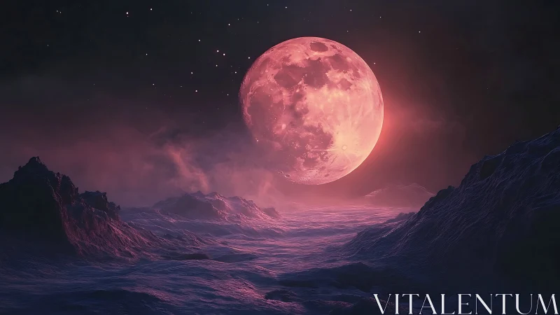 Crimson lunar horizon dominates surreal alien seascape