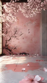 Blossom-draped zen chamber awash in soft sakura daylight.