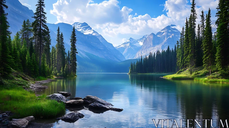 Mountain lake with evergreen forest and rocky shoreline.