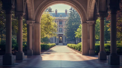 Grand collegiate archway framing a sunlit neoclassical hall.