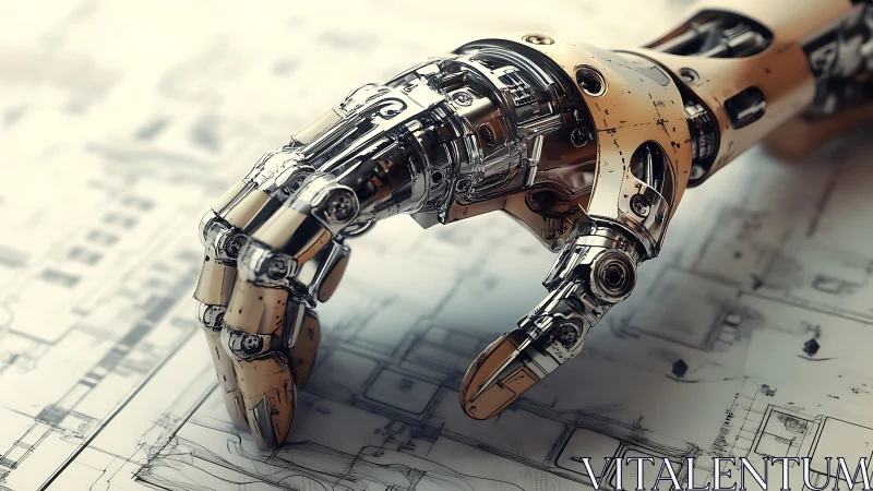 Robotic prosthetic hand on technical blueprint surface.