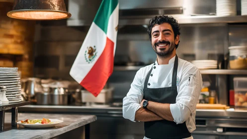 Smiling Mexican chef standing in professional kitchen environment.