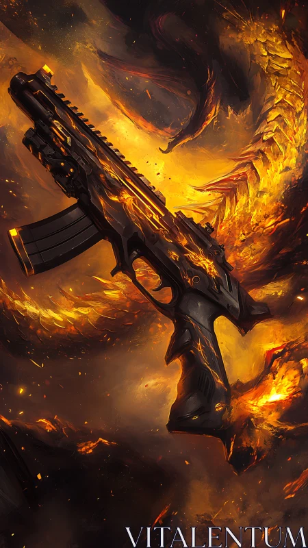 Tactical carbine rendered amid molten dragon-like flame vortices
