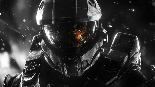 Armored sci fi soldier faces camera in rain lit by sparks