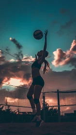 Sunset beach volleyball player poised to serve ball