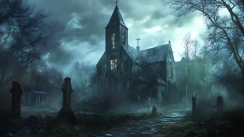 Mysterious old church glowing softly in a misty graveyard.