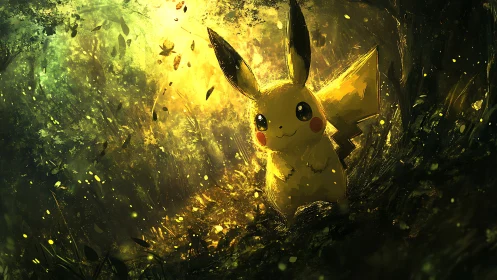 Backlit Pikachu in luminous forest clearing with particle glow