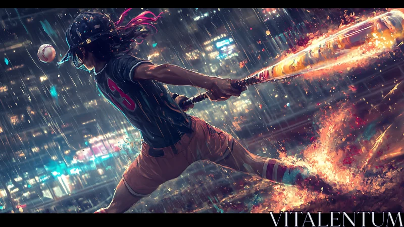 Neon drenched baseball batter mid swing with flaming bat impact