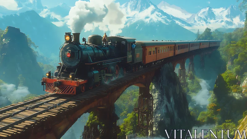 Steam locomotive crossing misty canyon bridge at sunrise.