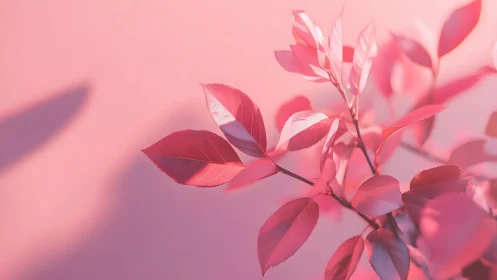 Pink leaves branch close-up in soft pastel light, minimal style.