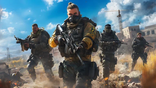 Tactical squad advancing through urban conflict zone.