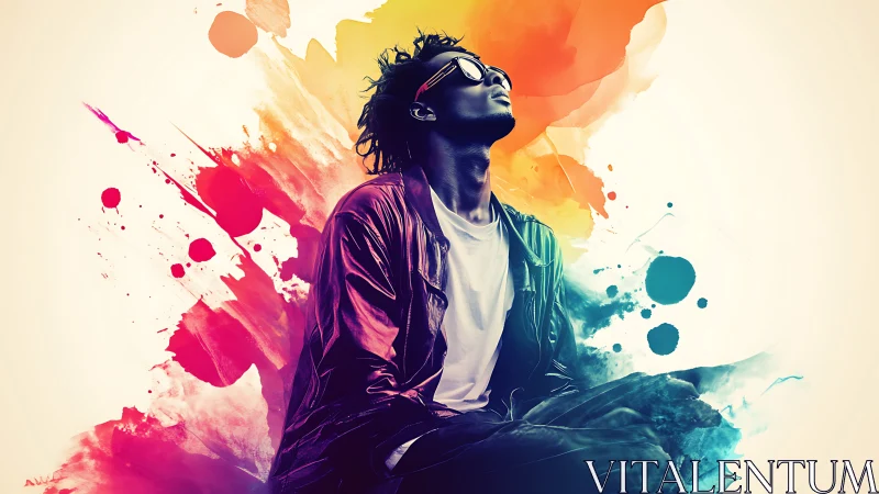 Stylized portrait of seated person with multicolor splashes.