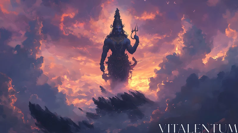 Divine warrior deity rises amid blazing twilight clouds.