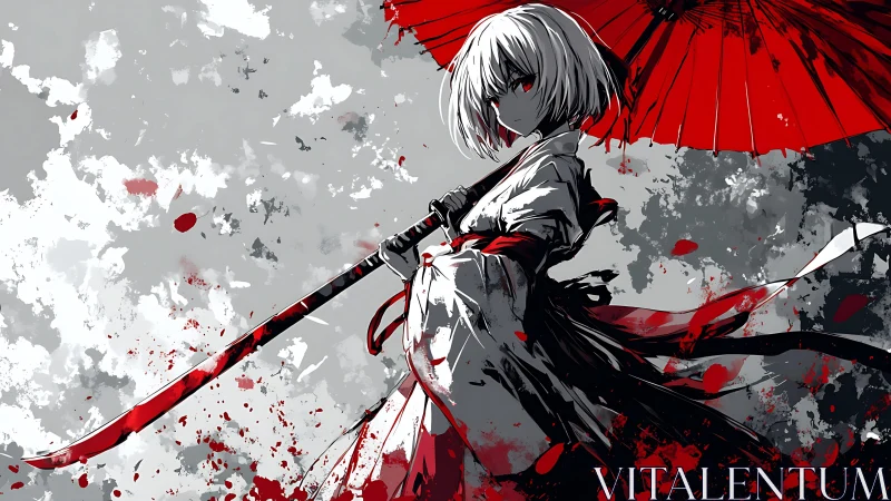 Samurai girl under crimson umbrella framed by splatter abstractions