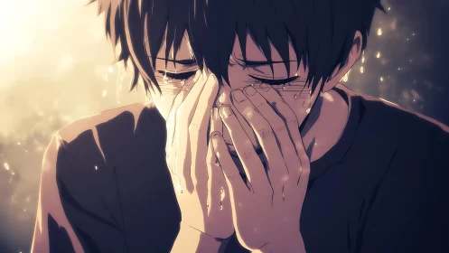 Backlit anime portrait isolates detailed tear dynamics and gesture