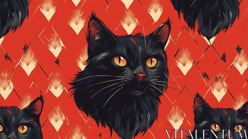 Black cat with golden eyes staring directly forward on red background.