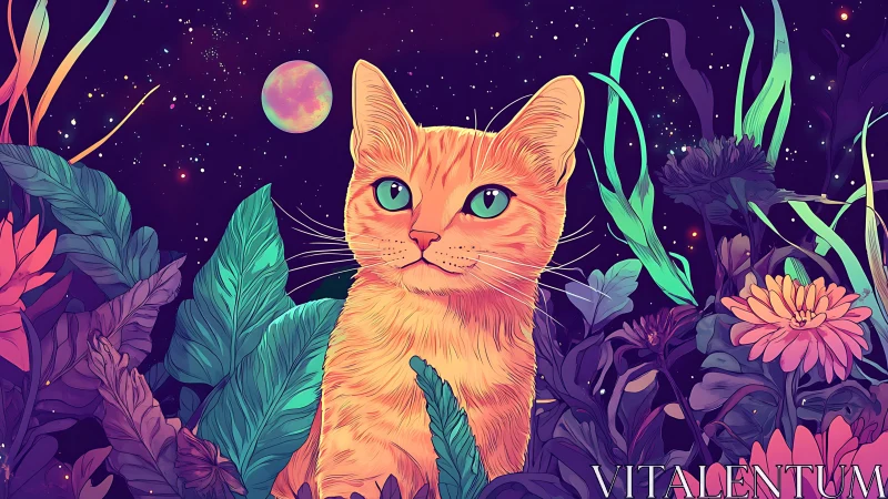 Cosmic Cat with Turquoise Eyes Surrounded by Neon Garden