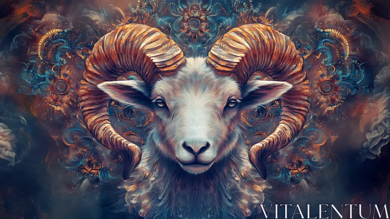 Celestial ram guardian crowned in swirling bronze spirals.