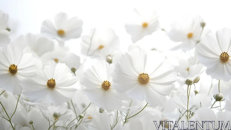 White cosmos flowers with golden stamens rendered in high-key soft focus photography