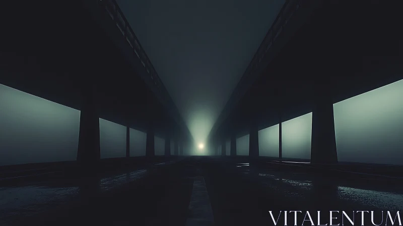 Empty highway underpasses fading into dense blue-green fog.