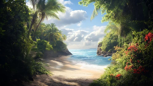 Secluded Tropical Beach Cove Framed by Lush Jungle.