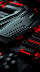 Dark circuit board surface with red illuminated accents
