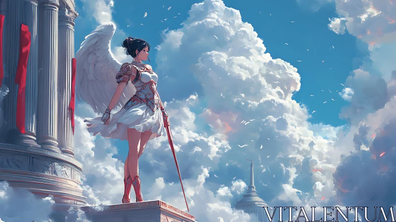 Winged guardian on neoclassical sky temple balcony at dawn