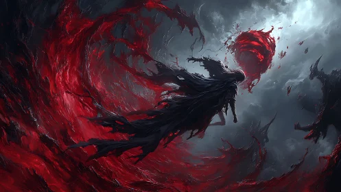 Vortex-bound wraith amid turbulent crimson entropy fields.